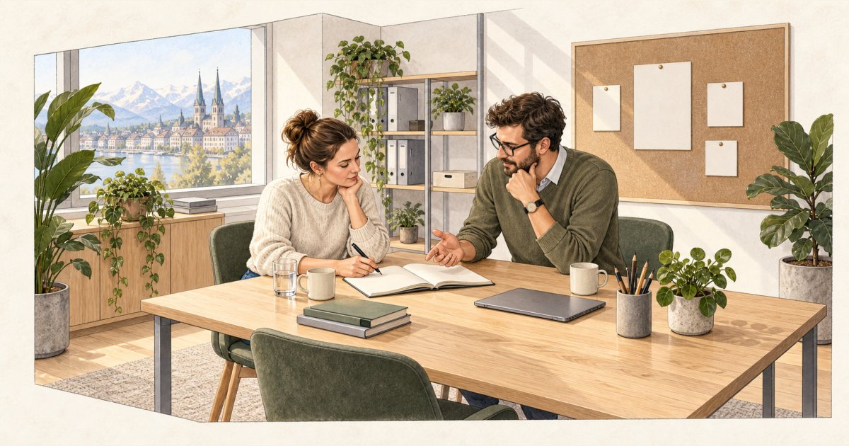 Zwei Personen besprechen Sicherheitsziele an einem Bürotisch.