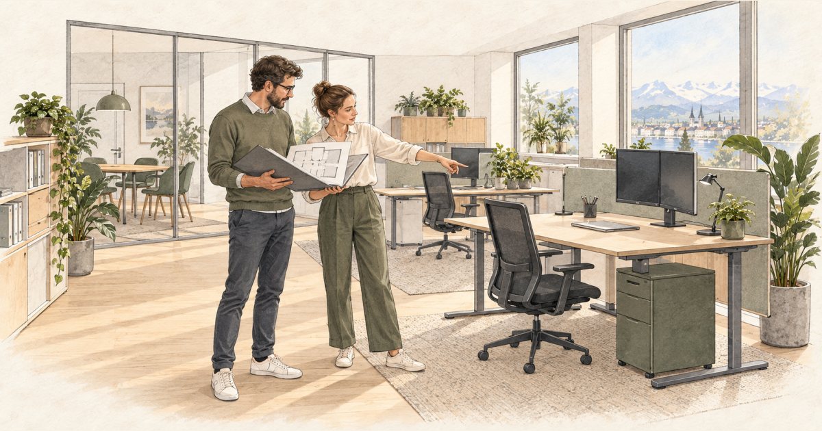 Zwei Personen vergleichen ihre Dokumentation mit den Arbeitsplätzen im Büro.