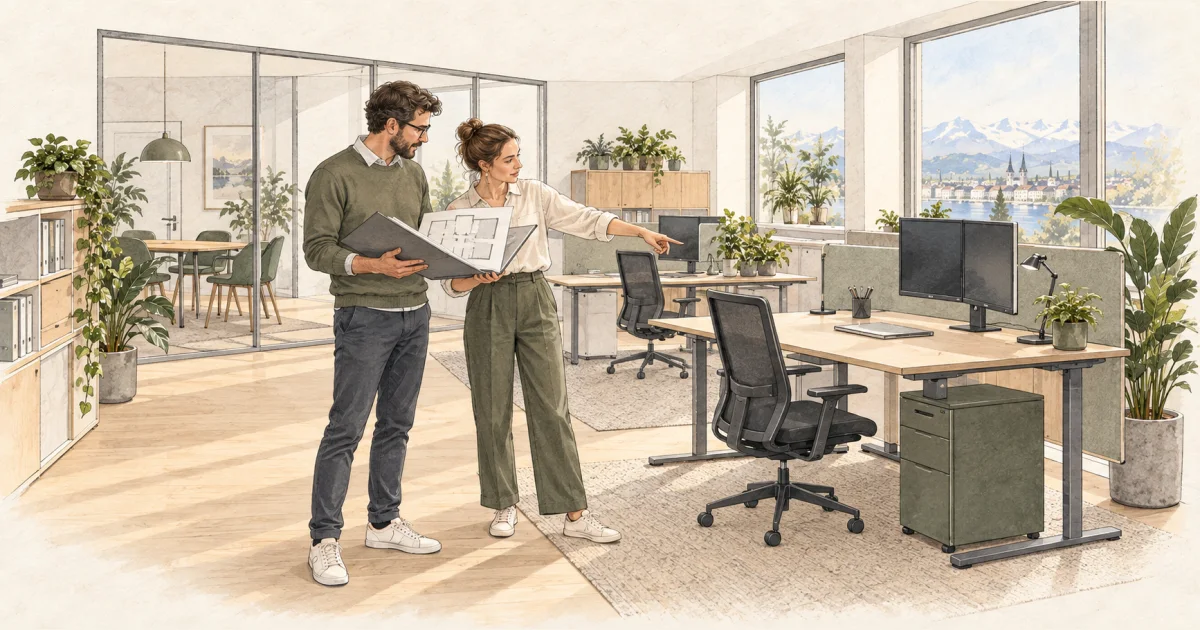 Zwei Personen vergleichen ihre Dokumentation mit den Arbeitsplätzen im Büro.