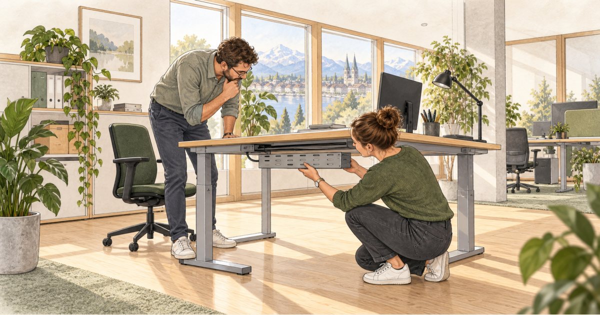 Zwei Personen kontrollieren die Kabelführung unter einem Bürotisch.