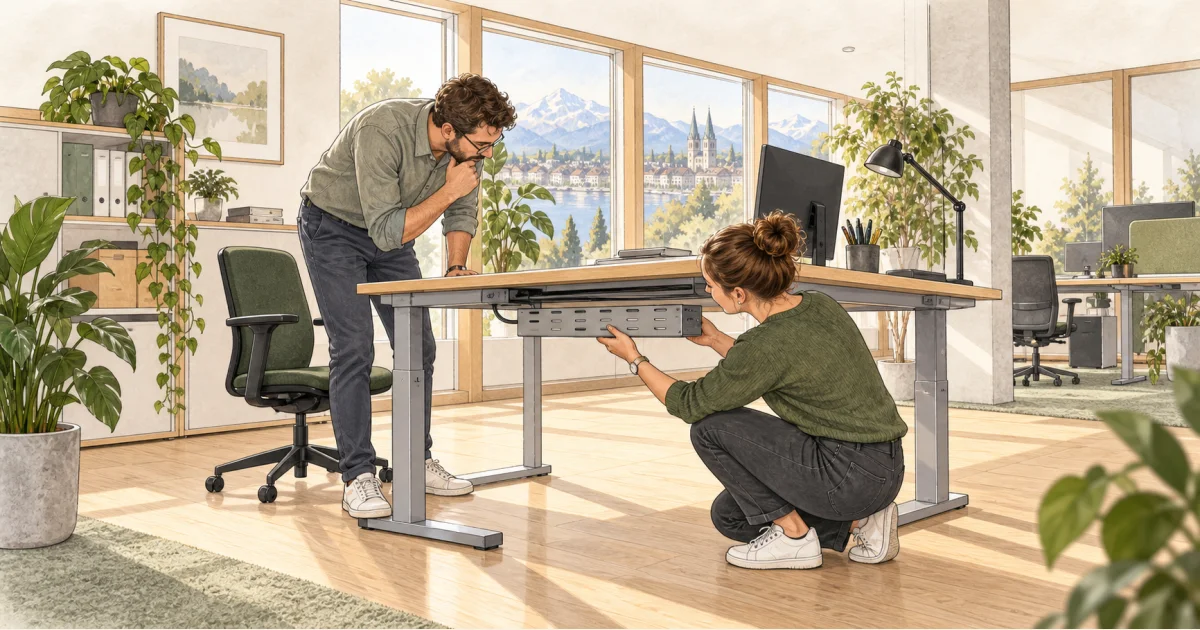 Zwei Personen kontrollieren die Kabelführung unter einem Bürotisch.