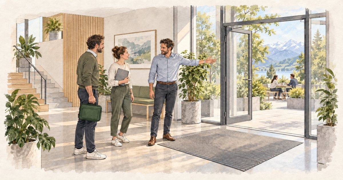 Ein Team bespricht am Ausgang den Weg nach draussen; eine Person trägt eine grüne Tasche.