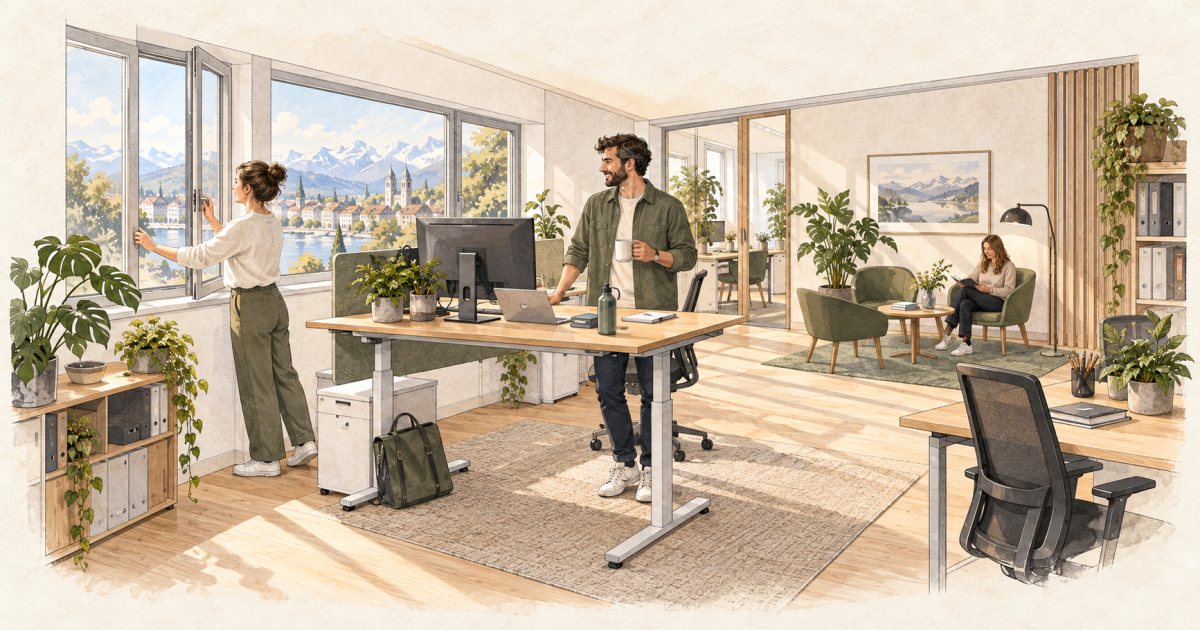 Büro mit höhenverstellbarem Arbeitsplatz, Fenster und ruhiger Sitzecke.