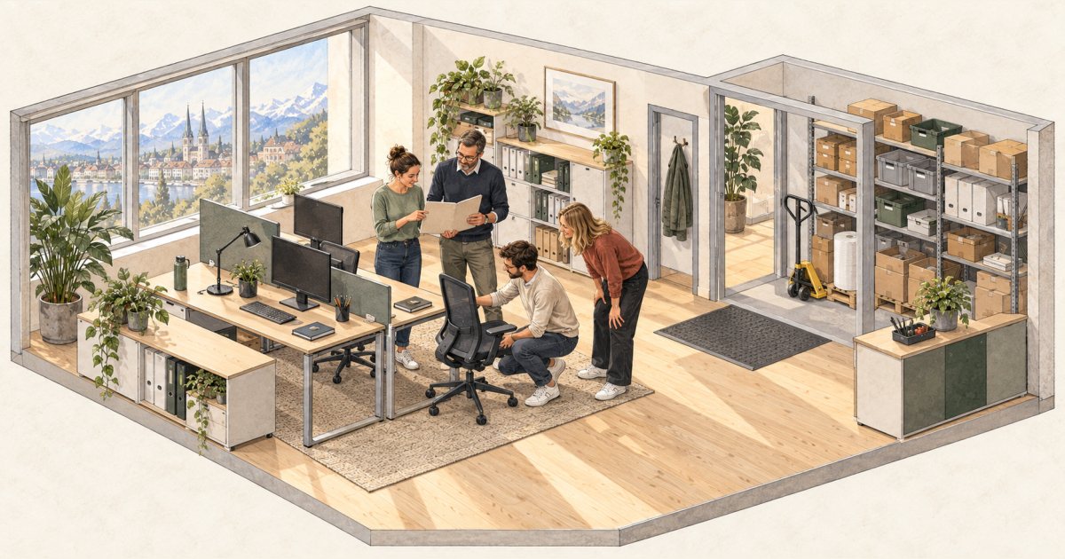 Einblick in ein kleines Büro mit Team und angrenzendem manuellem Lagerbereich.