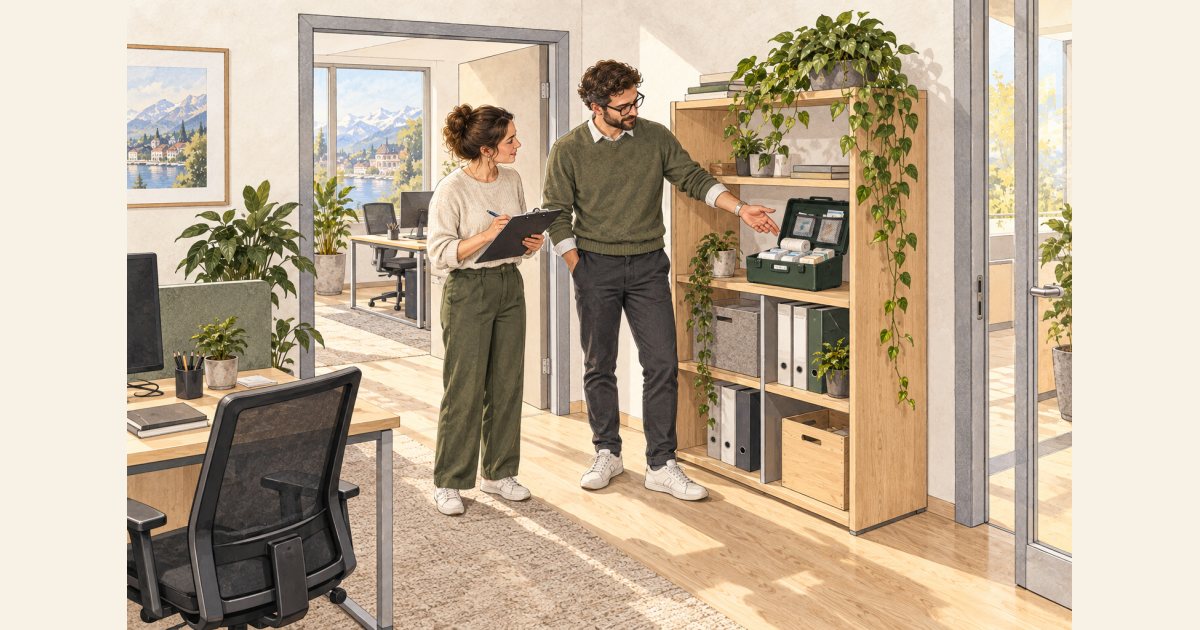 Zwei Personen besprechen den Standort von Erste-Hilfe-Material im Büro.