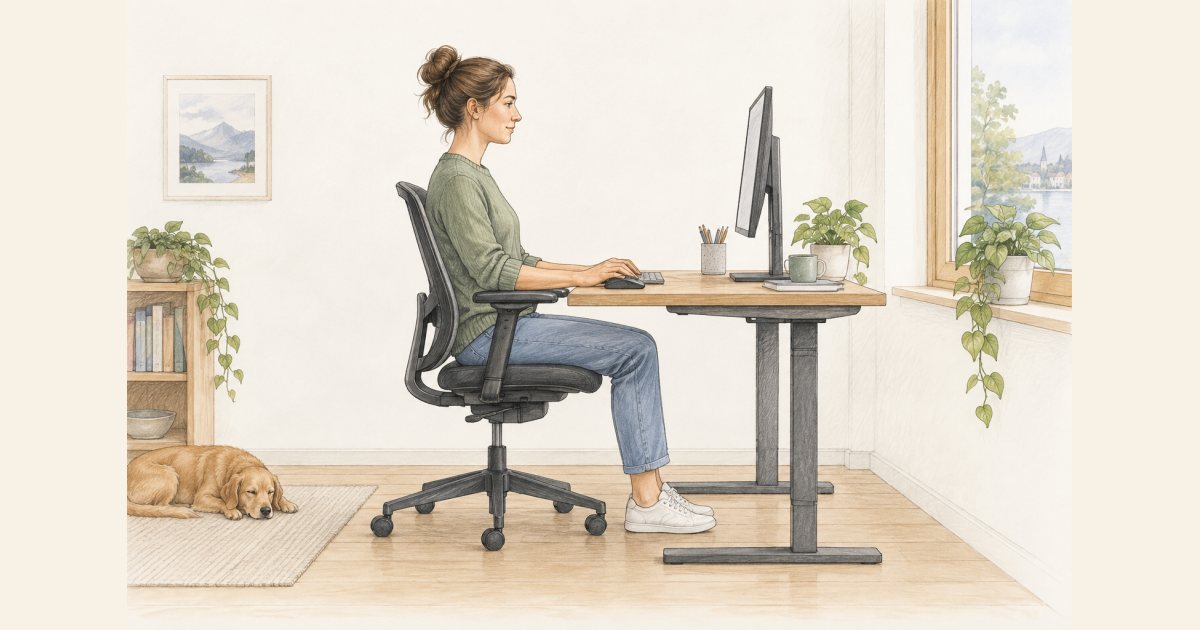 Ein ruhiger Bildschirmarbeitsplatz zu Hause mit separater Tastatur.