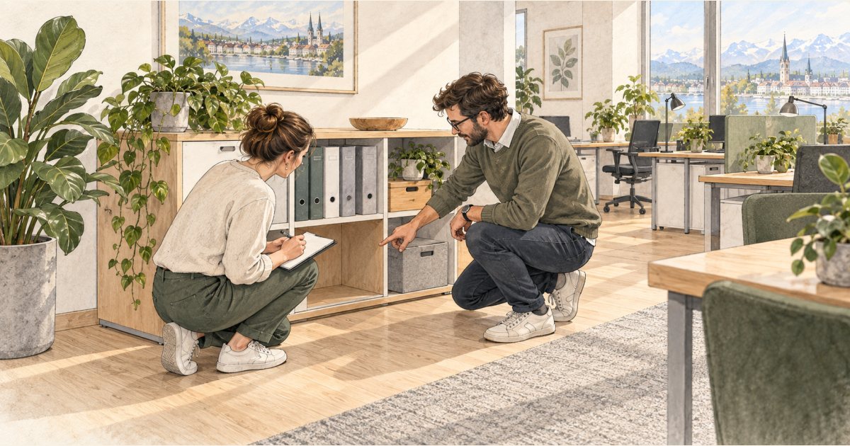 Zwei Personen untersuchen eine Stelle neben einem Büroschrank und machen Notizen.
