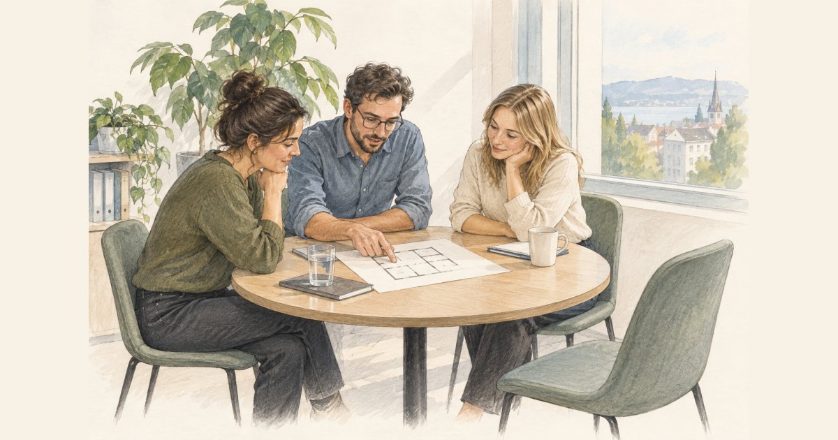 Drei Teammitglieder besprechen gemeinsame Unterlagen am Tisch.