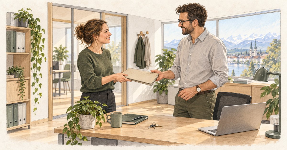 Zwei Personen übergeben betriebliche Unterlagen neben einem Arbeitsplatz.
