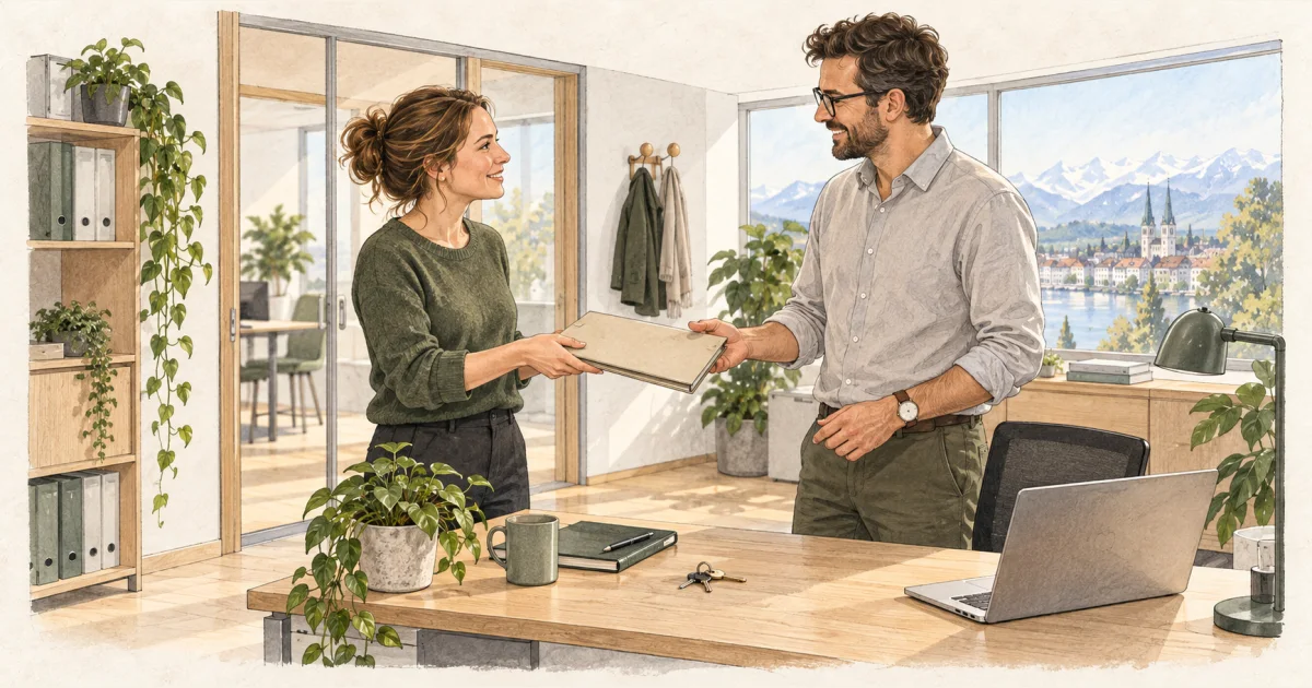 Zwei Personen übergeben betriebliche Unterlagen neben einem Arbeitsplatz.