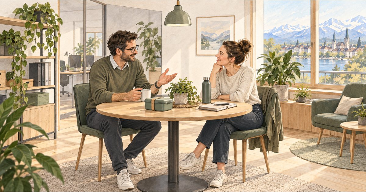 Zwei Beschäftigte machen eine Pause fern vom Bildschirm.