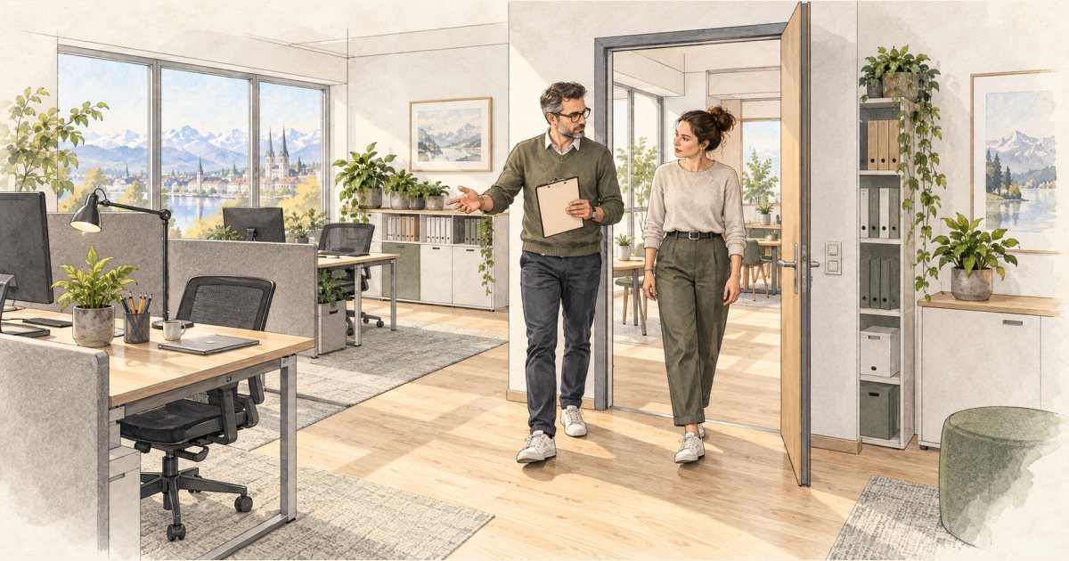 Zwei Beschäftigte führen einen Rundgang durch das Büro durch.