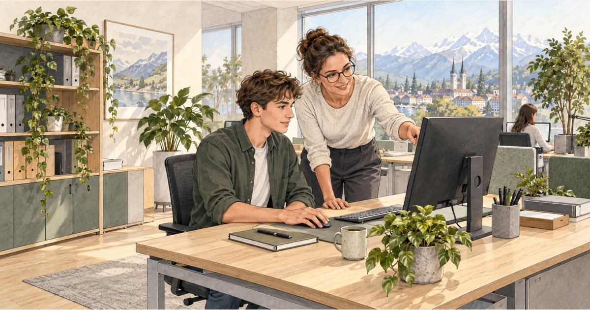 Eine Betreuungsperson erklärt einer jungen Person eine Büroaufgabe.