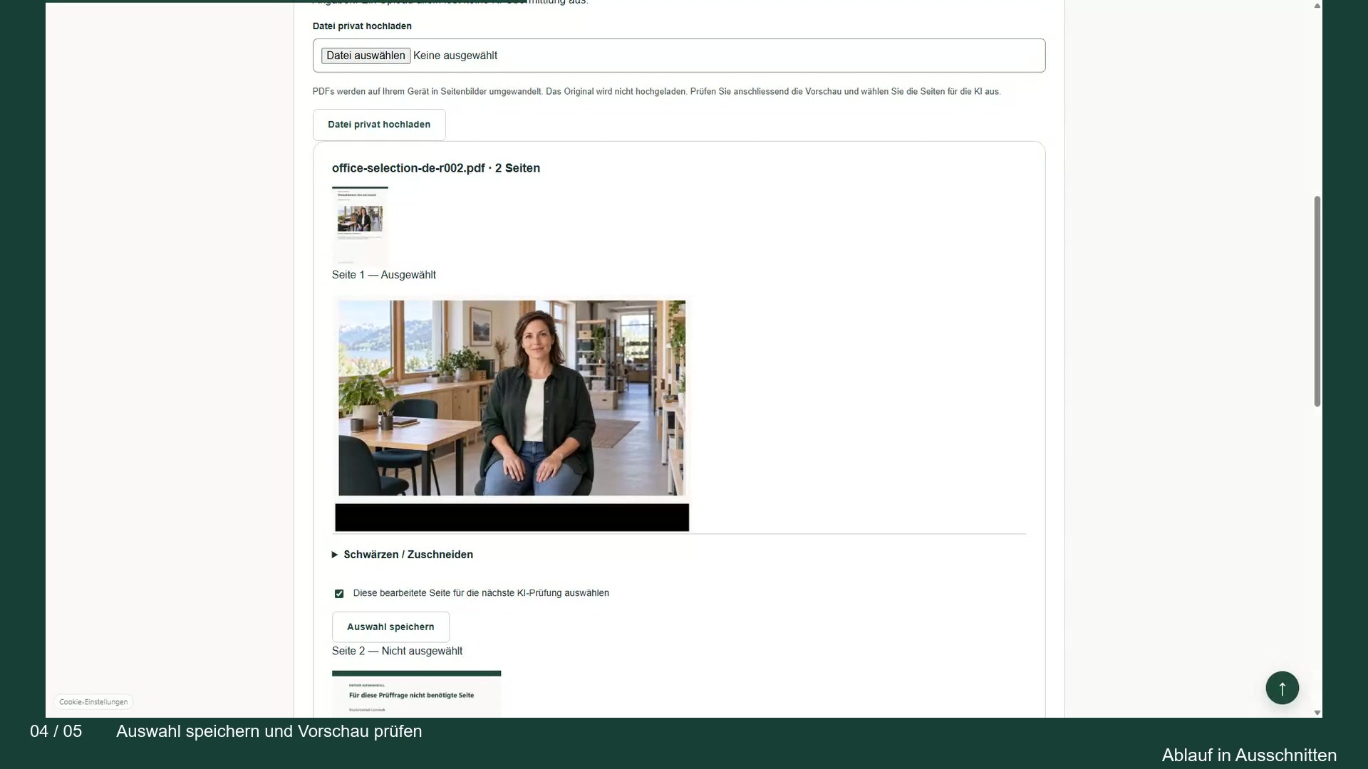 Dokumentseiten auswählen und vor der KI-Prüfung bereinigen